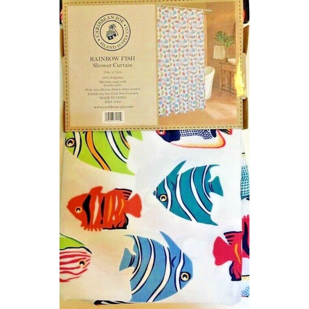 Caribbean Joe Fabric Shower Curtain Rainbow Fish Beach Summer Tropical